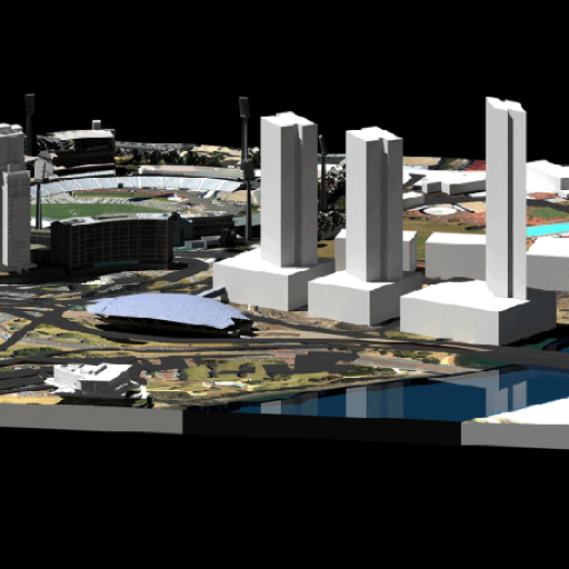 Virtual 3D model-terrain-buildings-vegetation-landscape-infrastructure.